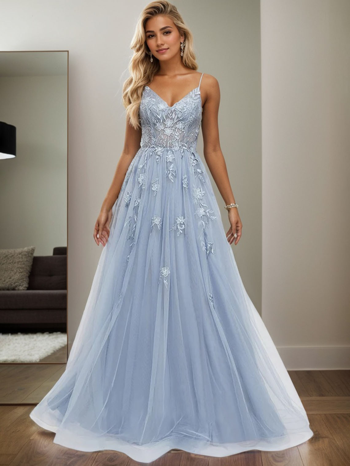 Blue Tulle A-line V Neck Sleeveless Floor Length Long Prom Dress