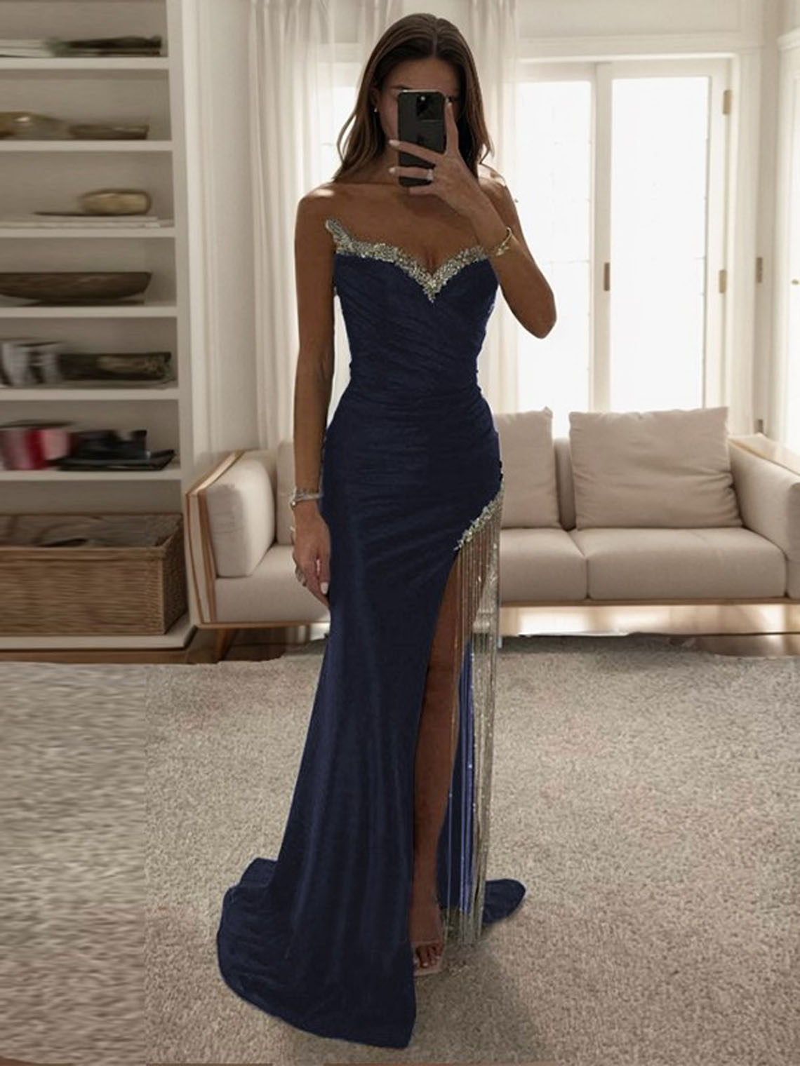Sheath Elastic Satin Sweetheart With Rhinestone Long Prom Dress