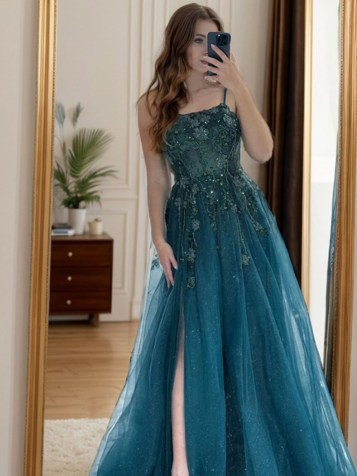 Aqua Blue A-line Tulle Spaghetti With Appliques Slit Long Prom Dress