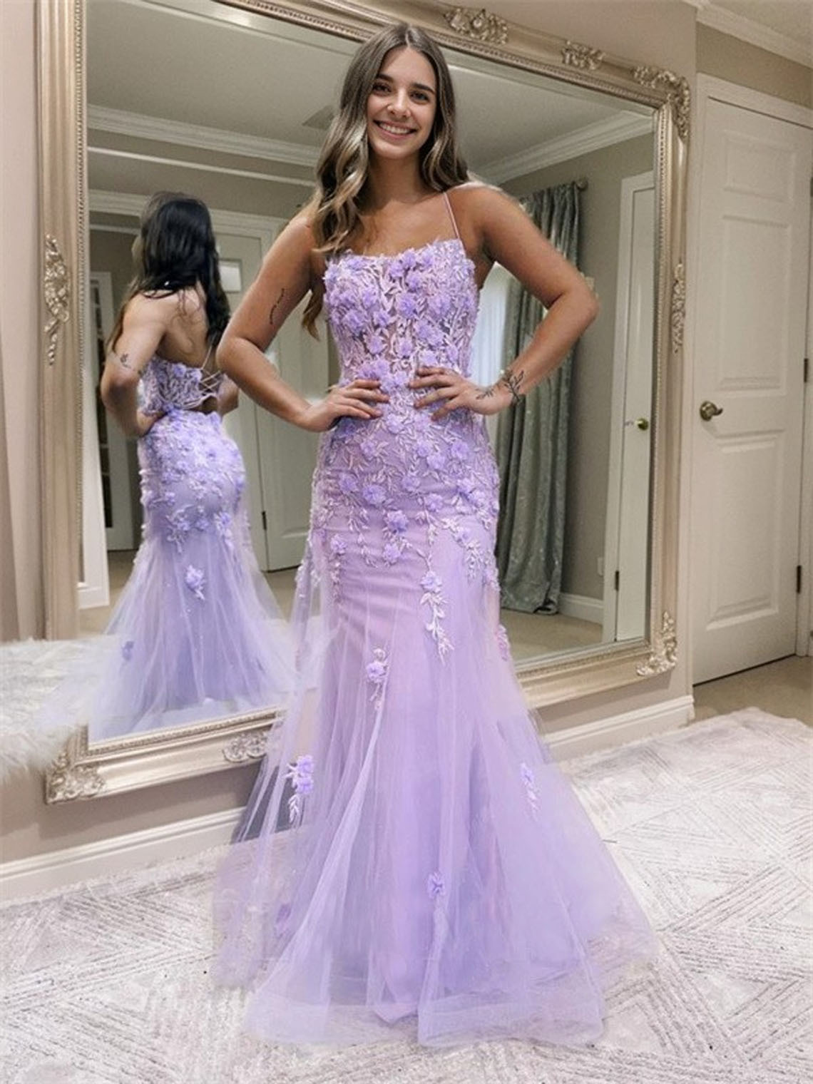 Lilac Tulle Lace Spaghetti Sleeveless With Appliques Long Prom Dress