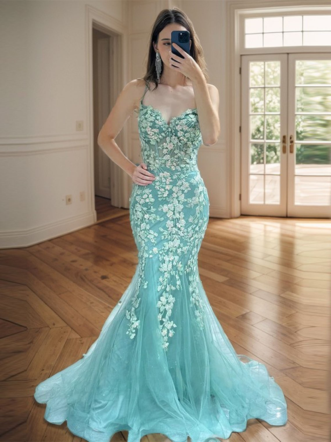 Sheath Tulle Lace V neck Sleeveless With Appliques Long Prom Dress