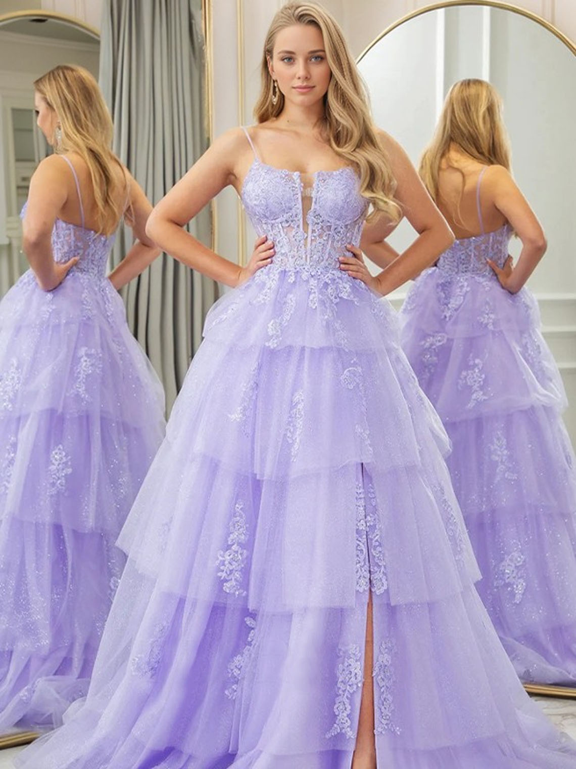 Lilac A-line Tulle Spaghetti Appliques With High Split Prom Dress