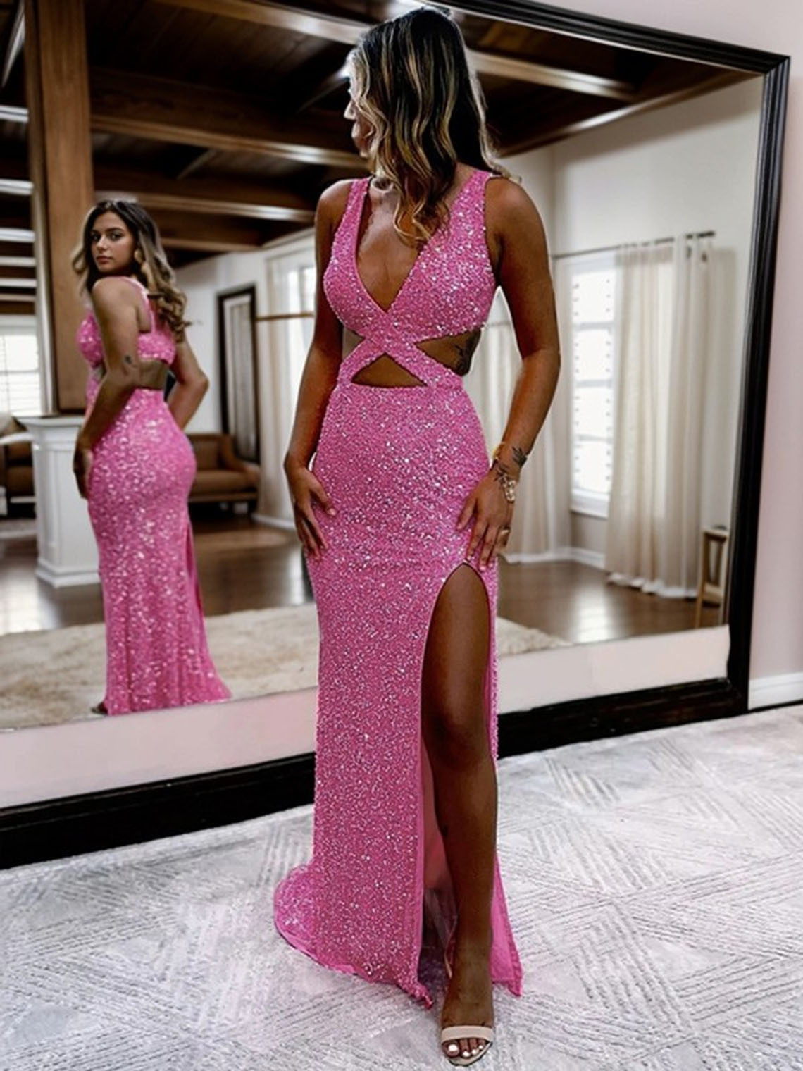 Pink Sheath Velvet Sequins V neck Sweep Train With Slit Prom Dress