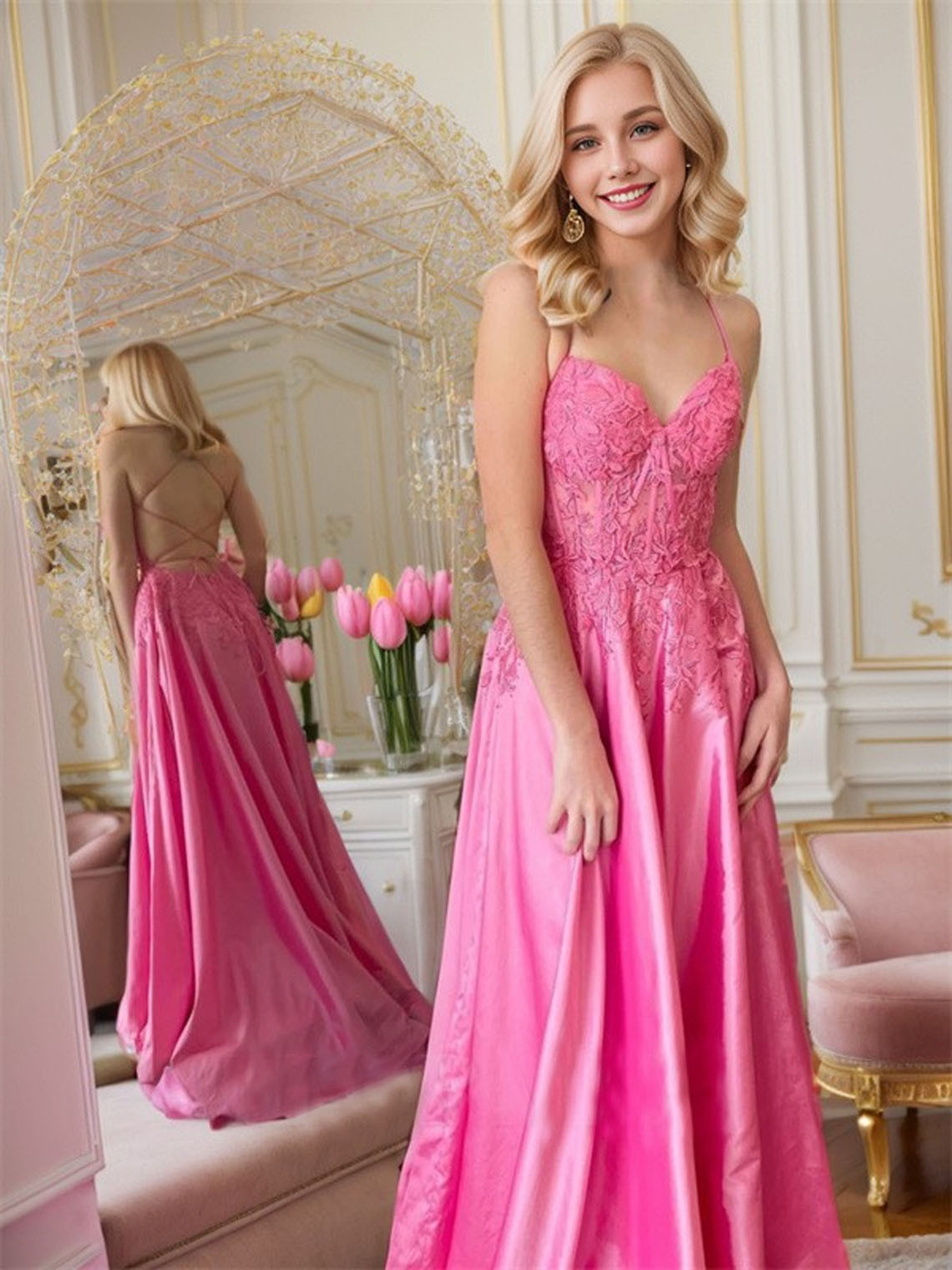 Pink A line Taffeta Spaghetti Sleeveless With Appliques Prom Dress
