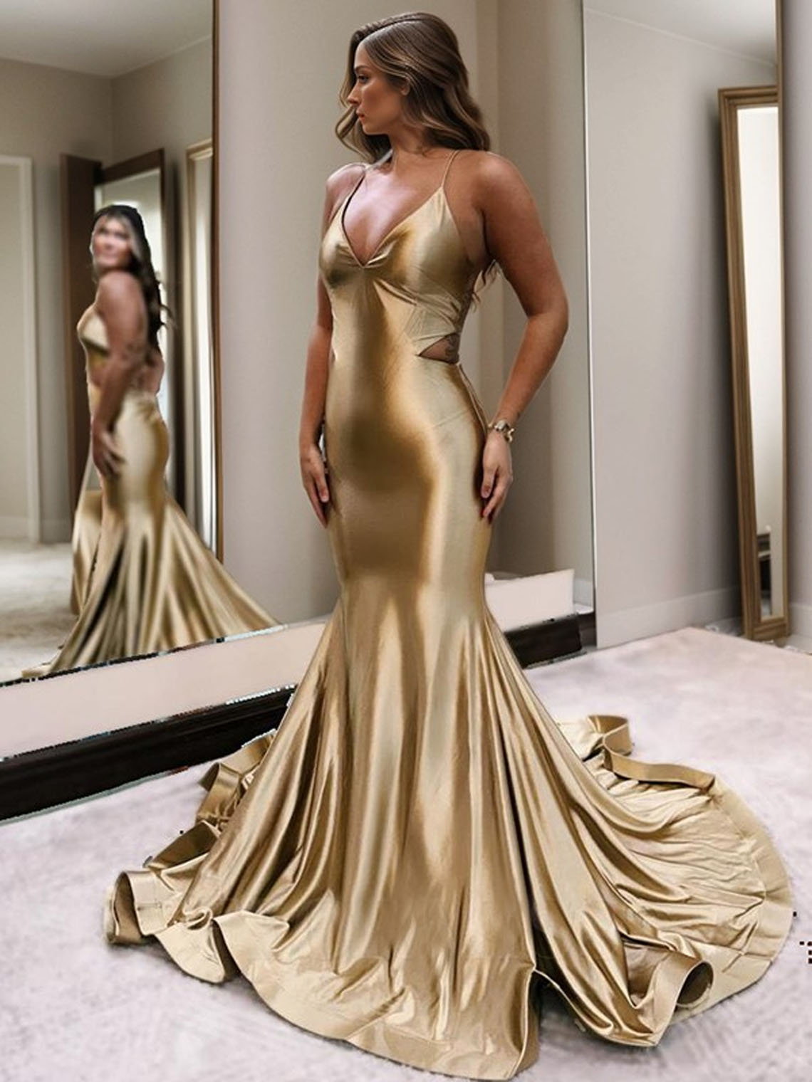 Gold Sheath V neck Sleeveless Court Train With Backless Prom Dress