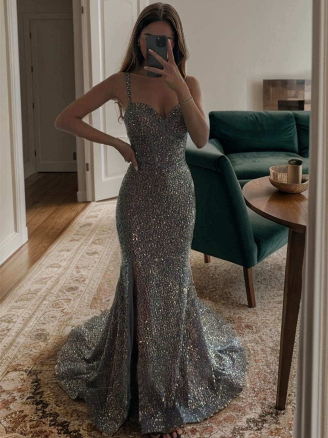 Gray A-line Velvet Sequins Spaghetti With Crossed Straps Prom Dress