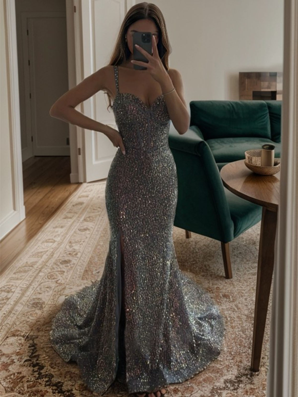 Gray A-line Velvet Sequins Spaghetti With Crossed Straps Prom Dress