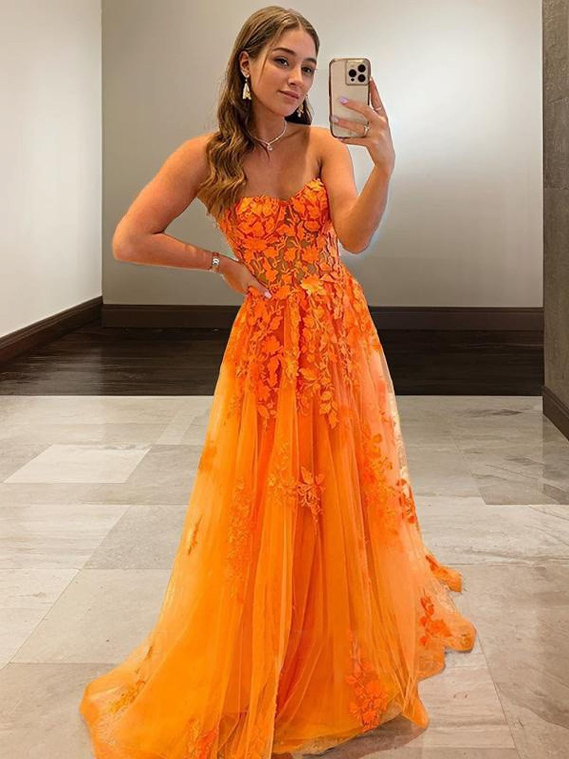 Orange A line Tulle Sweetheart Sleeveless With Appliques Prom Dress