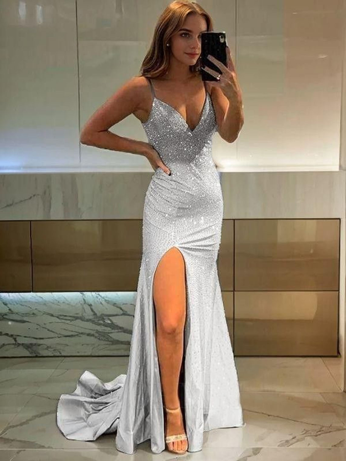 Silver Sequin Sheath/Column V-neck Sleeveless With Leg Slit Prom Dress
