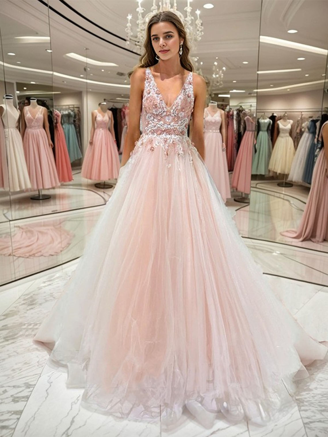 Pink Tulle A line V neck Sleeveless With Appliques Long Prom Dress