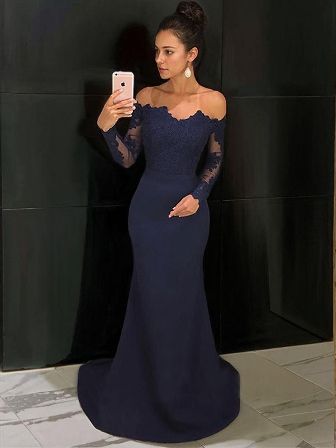 Dark Navy Mermaid Stretch Crepe Off the Shoulder Long Evening Dress