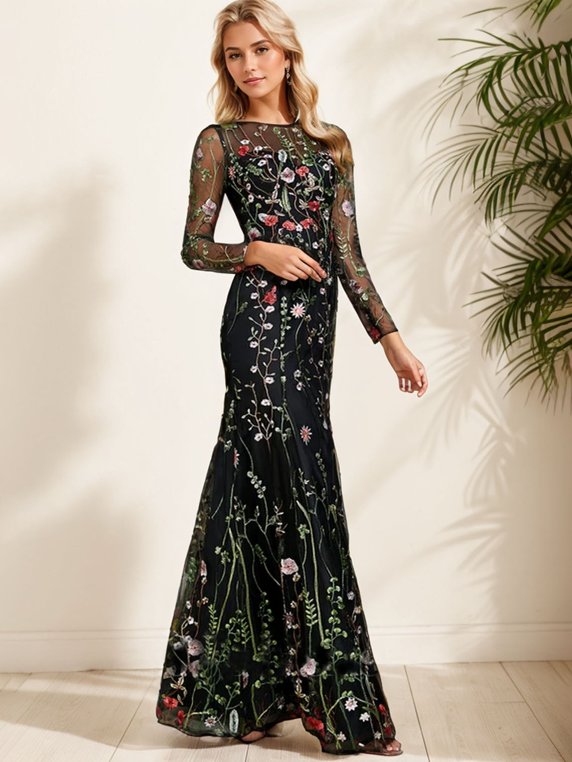Black Sheath/Column Boat Neck Long Sleeve With Floral Evening Dress