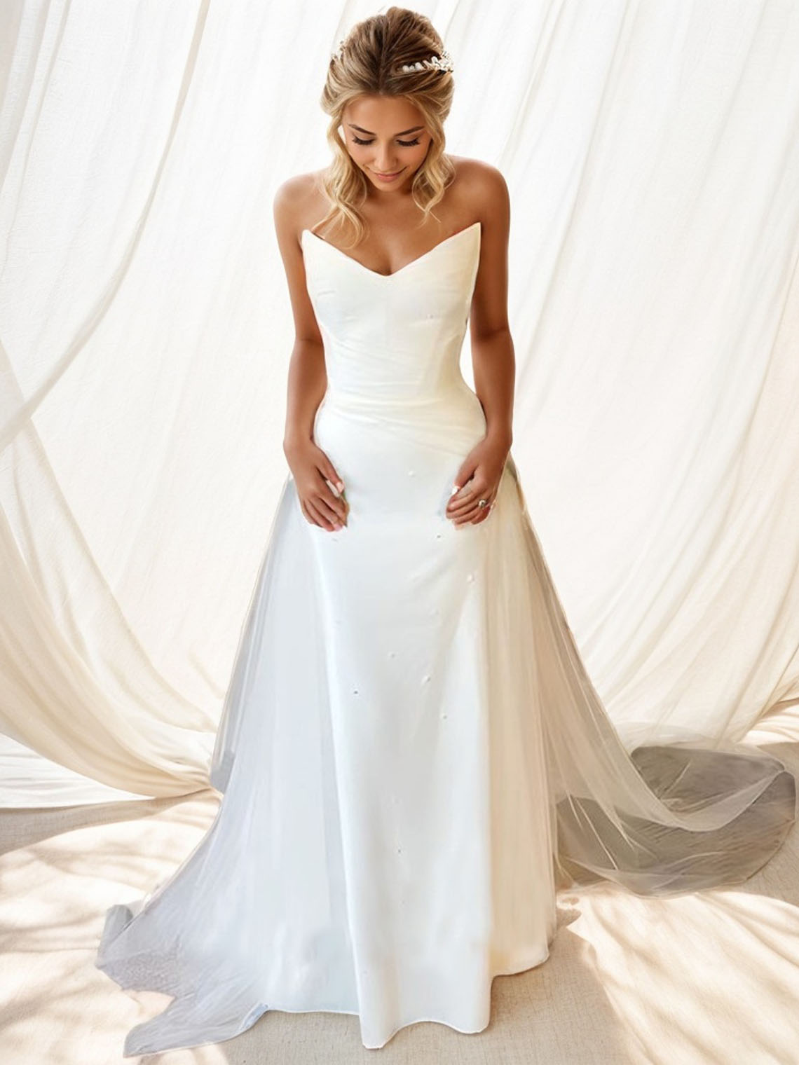 White Sheath Stretch Crepe V neck Sleeveless Wedding Dress