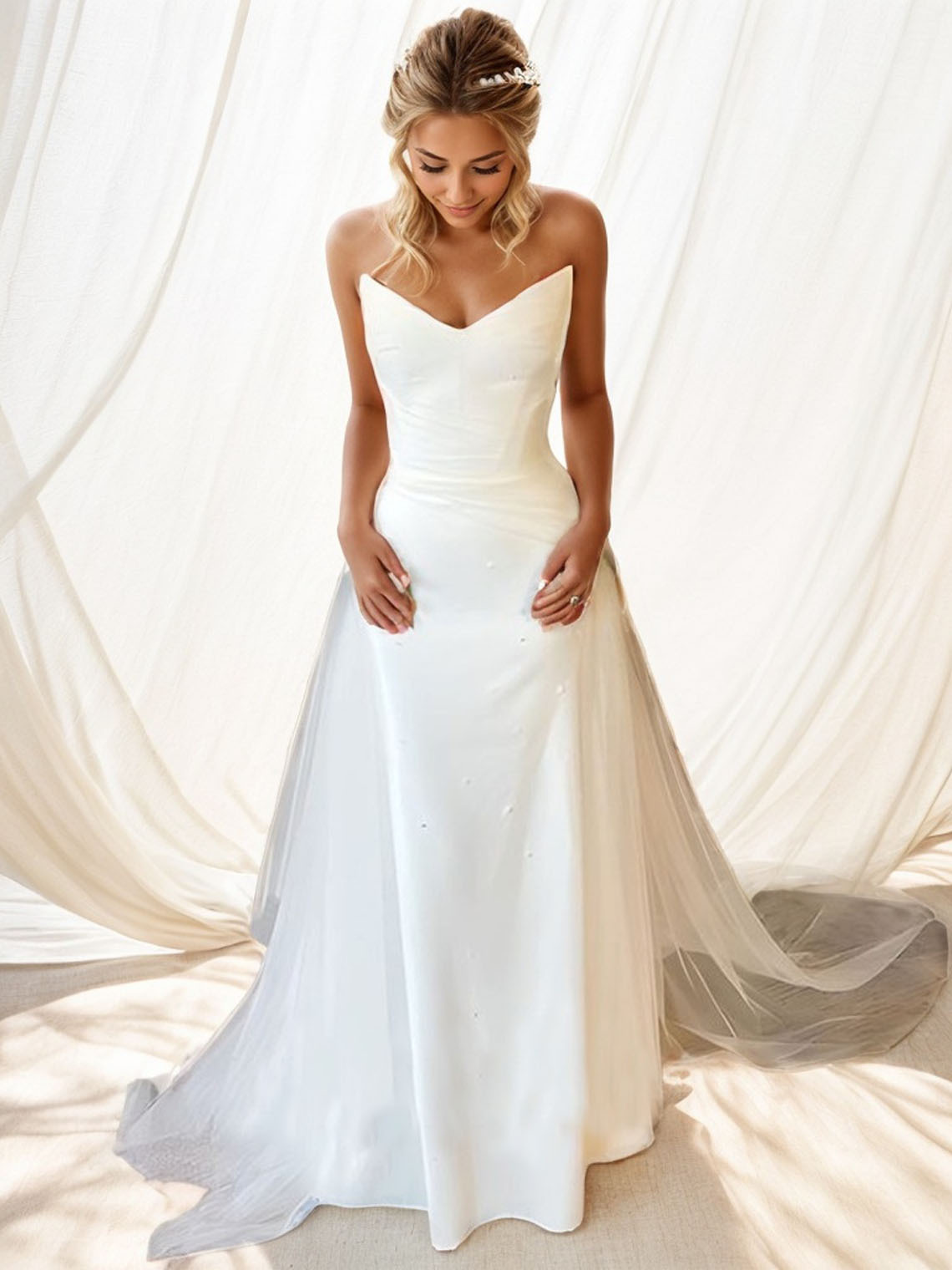 White Sheath Stretch Crepe V neck Sleeveless Wedding Dress