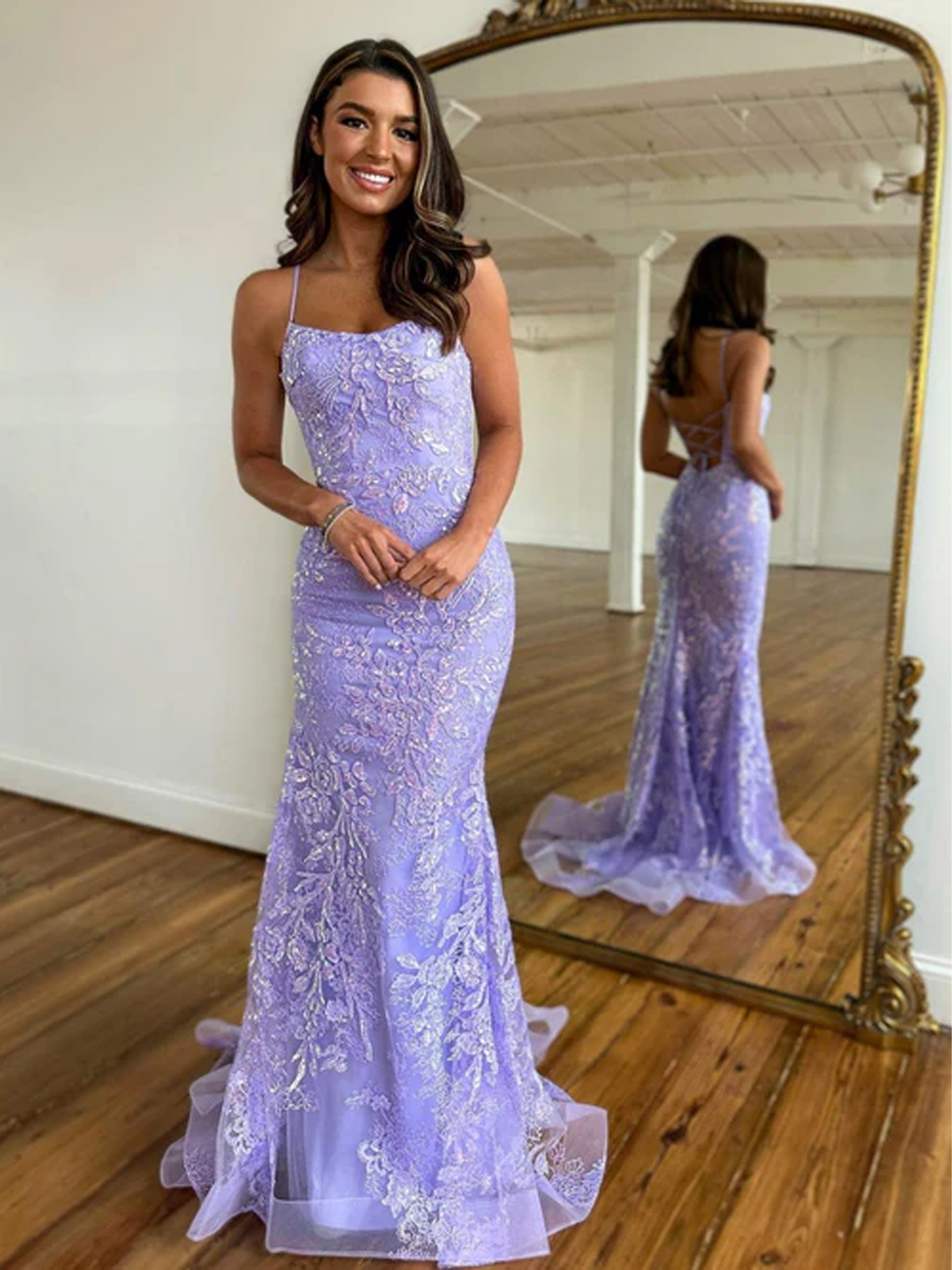 Lilac Mermaid Tulle Lace Lace-up Back Sequined Appliques Prom Dress