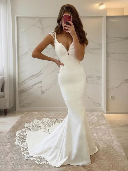 Dresses White Sheath/Column Stretch Crepe Sleeveless Backless Wedding Dresseseses