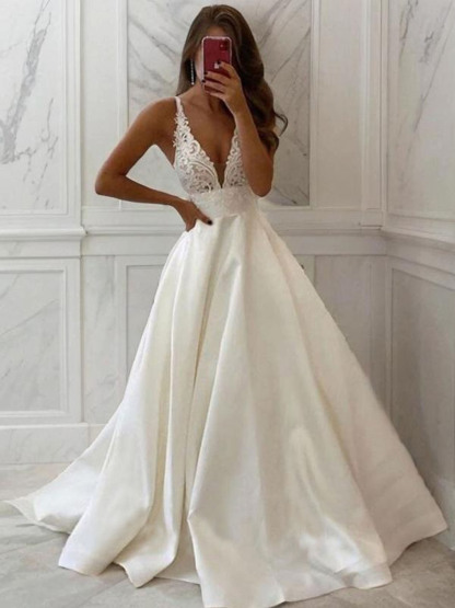 Dresses  A-Line/Princess Satin V Neck Sleeveless White Wedding Dresseseses