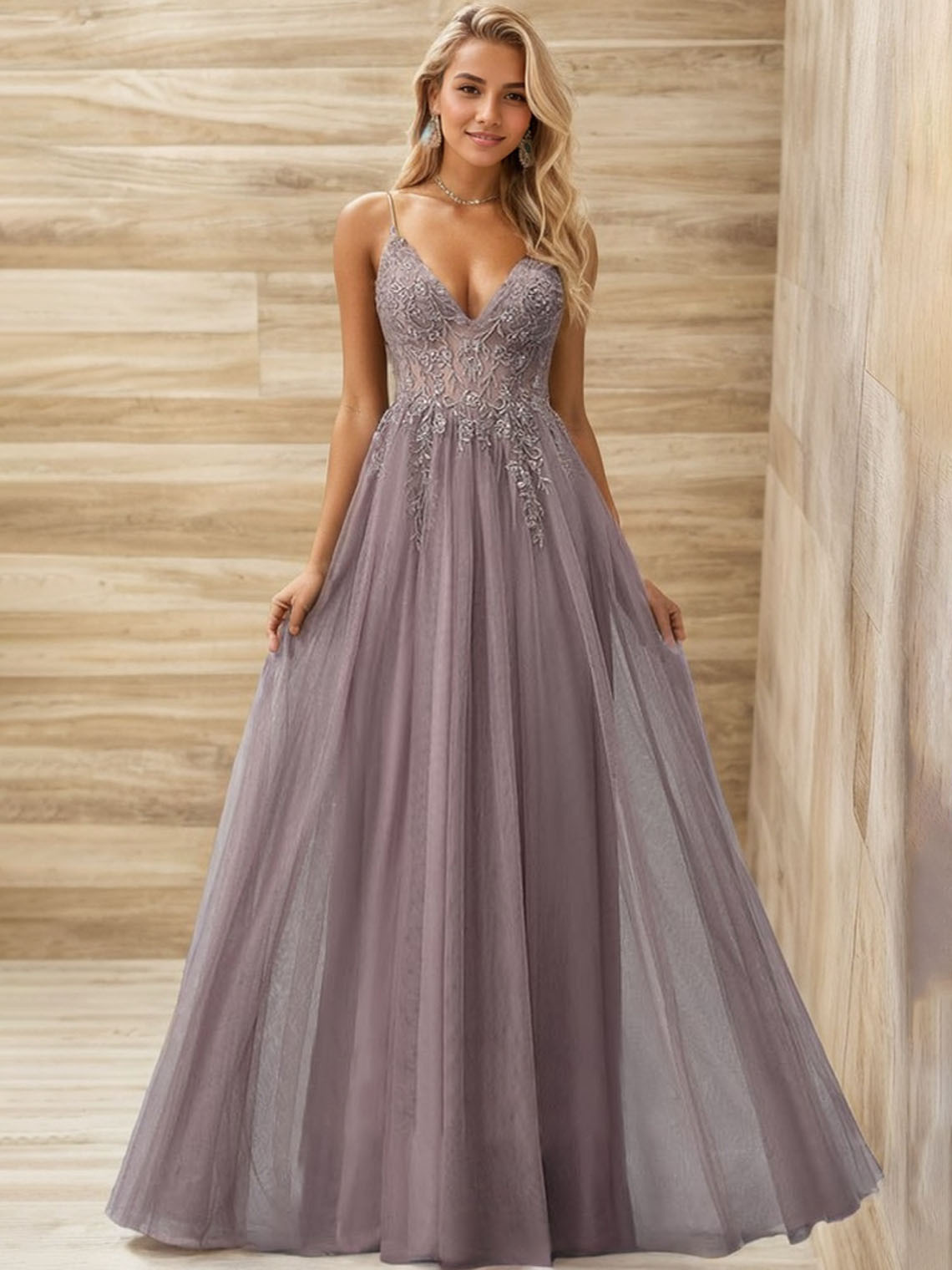 Purple A line Tulle V Neck Sleeveless Beading With Sequins Prom Dress