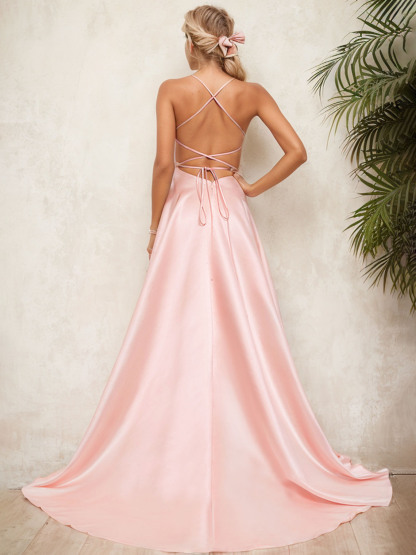 Dress Pink Satin A line Square Sleeveless With Slit Long Prom Dress