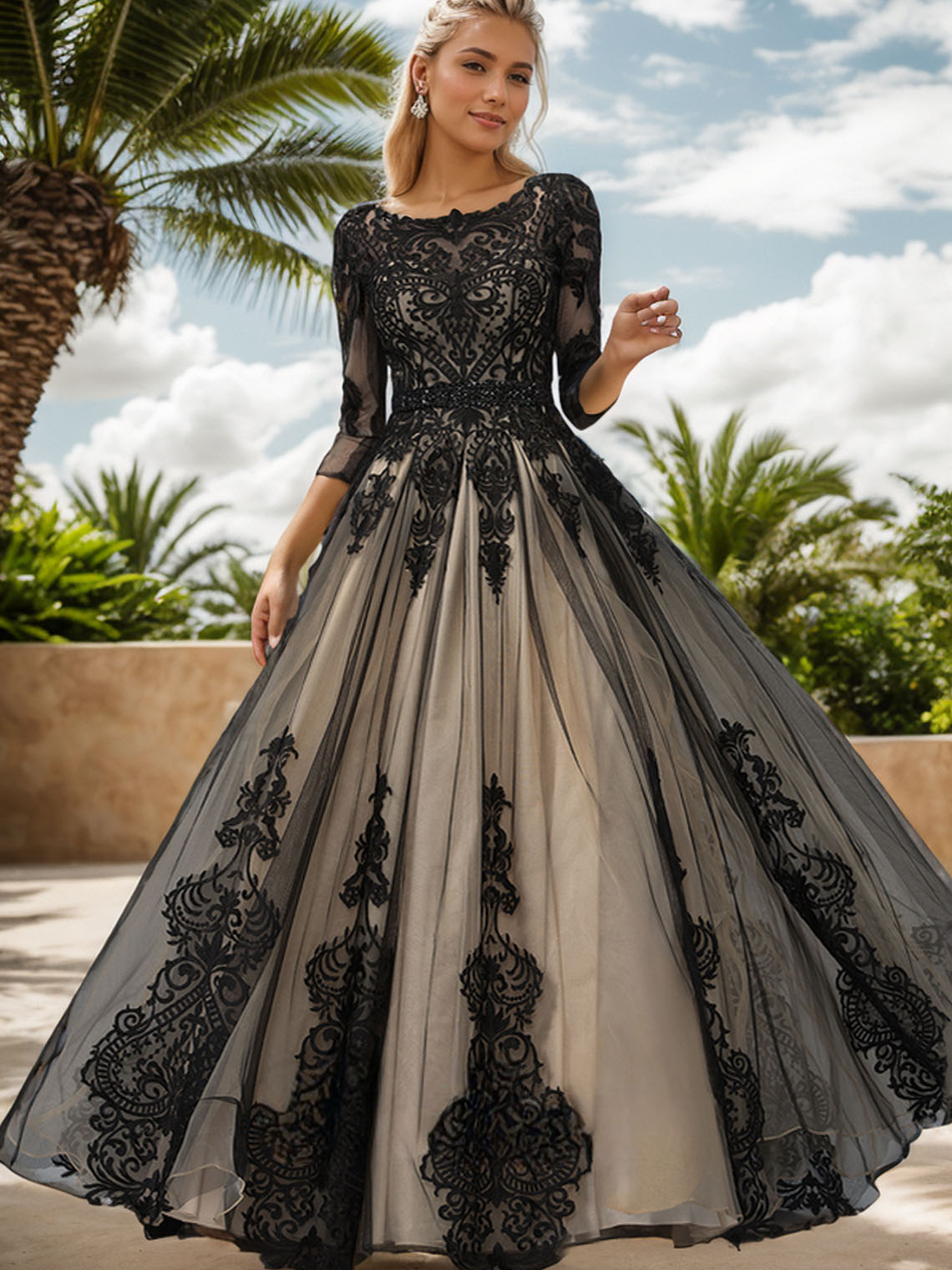 Black Tulle Ball-Gown/Princess Scoop Neck With Beading Prom Dress