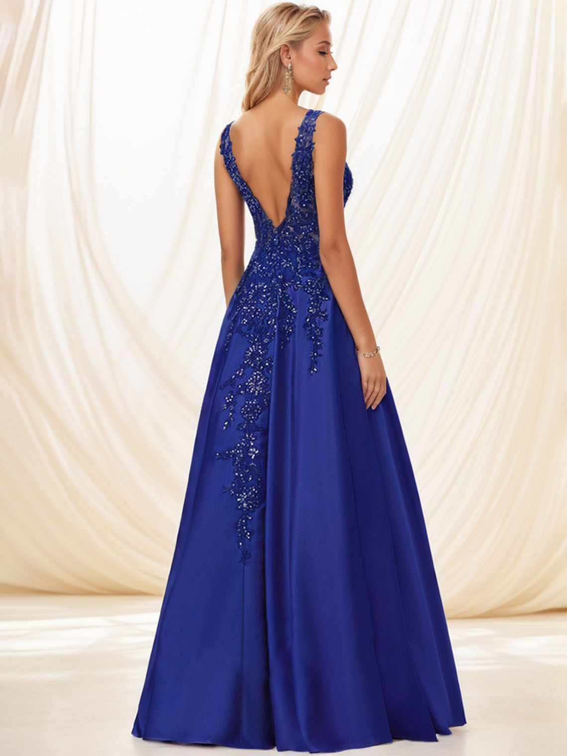 Blue A-line V-Neck Sleeveless Sequins With Appliques Long Prom Dress