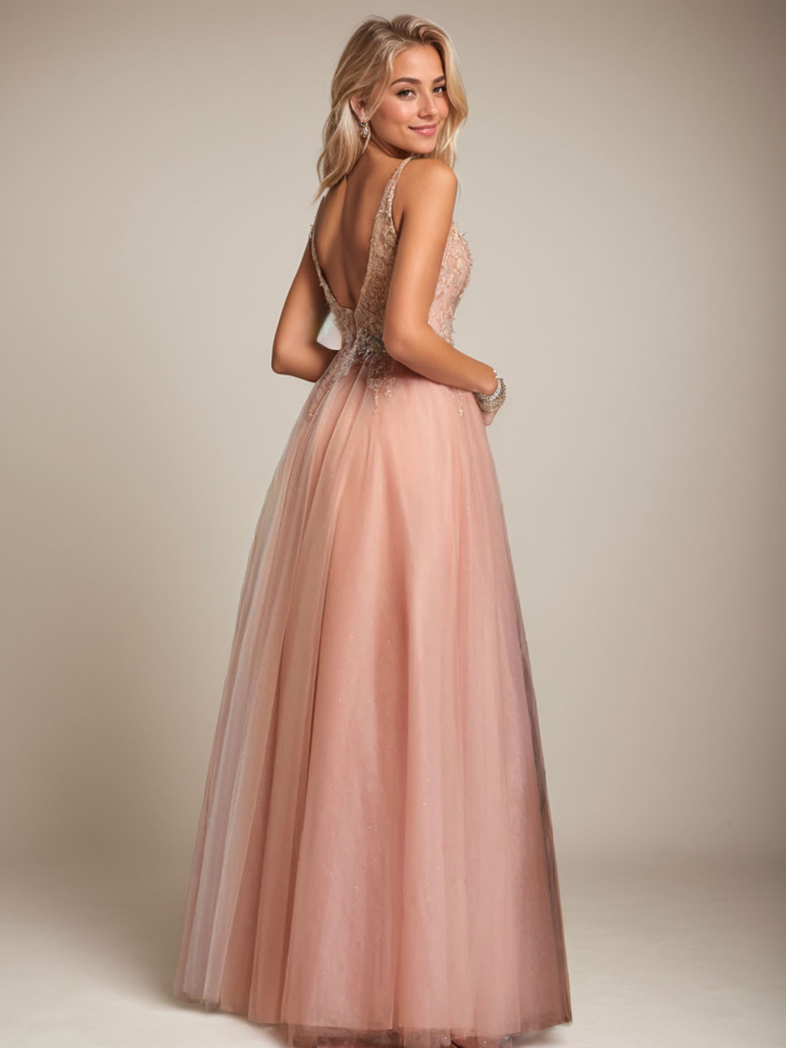 Peach Pink  A-line Tulle Sleeveless Applique With Split Prom Dress
