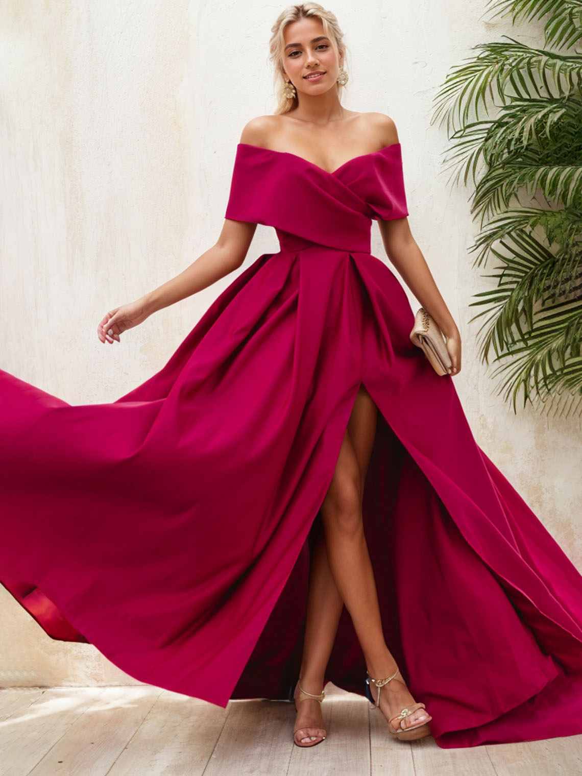 Fuchsia Satin A Line Off Shoulder Sleeveless with Slit Evening Dress