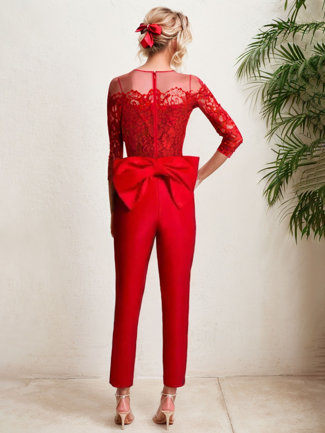 Red Jumpsuits Stretch Fabric Off Shoulder Detachable Evening Dress