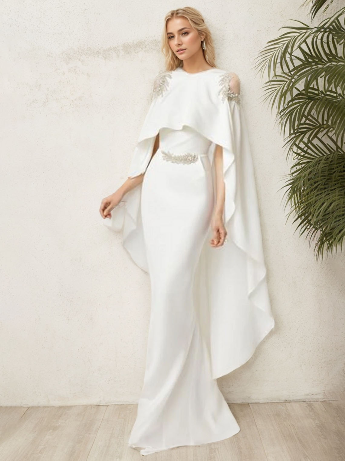 White Mermaid Jewel Neck Sleeveless with Appliques Evening Dress