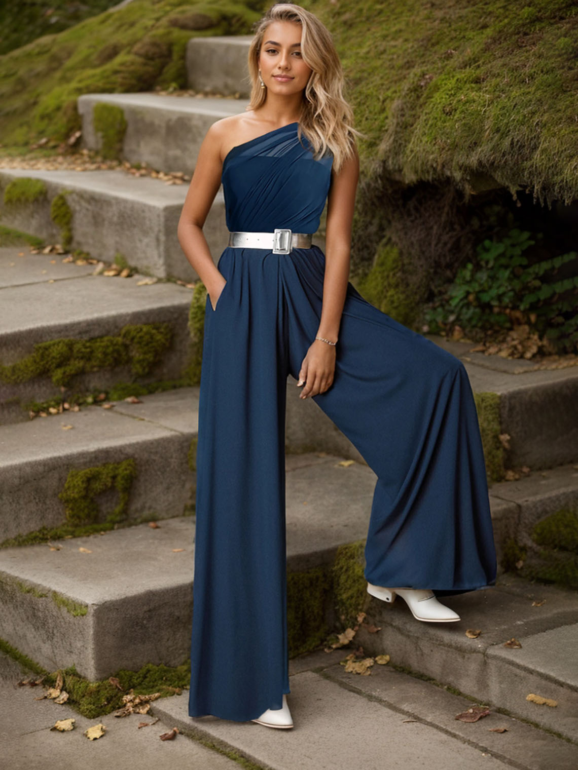 Dark Navy Chiffon Jumpsuits One Shoulder with Pocket Evening Dress
