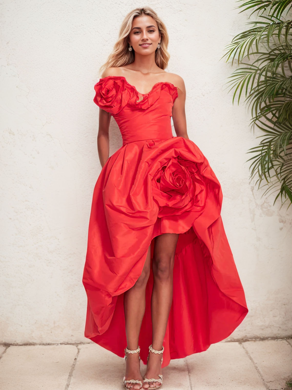 A Line Strapless Asymmetrical with Shouder Flower Party Dress