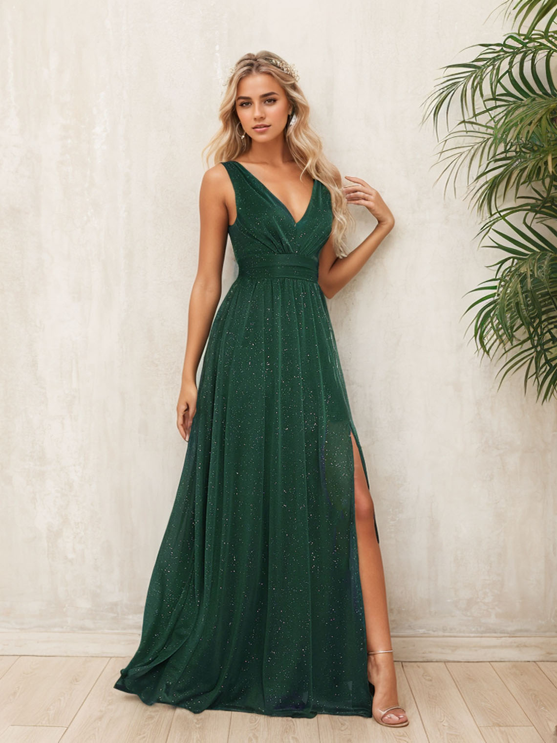 A Line V Neck Sleeveless Floor Length with Glitter Slit Prom Dress 