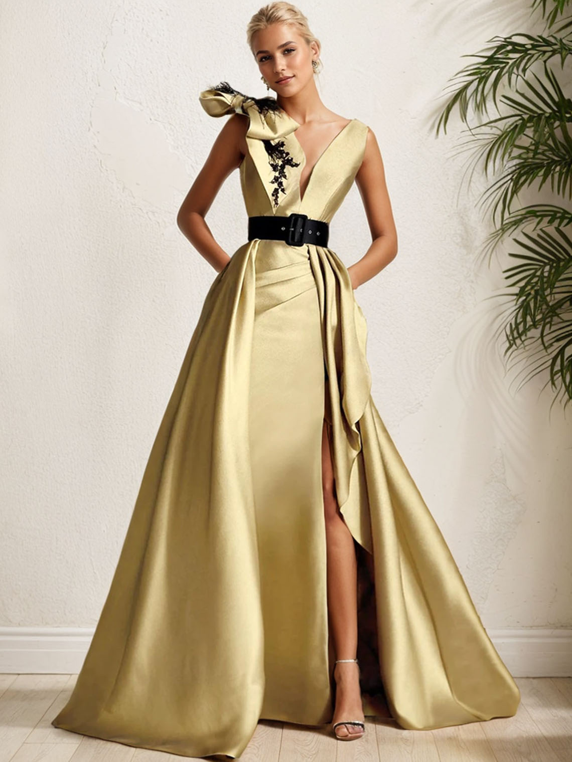 Gold A Line Satin V Neck Floor Length with Bow(s) Appliques Prom Dress