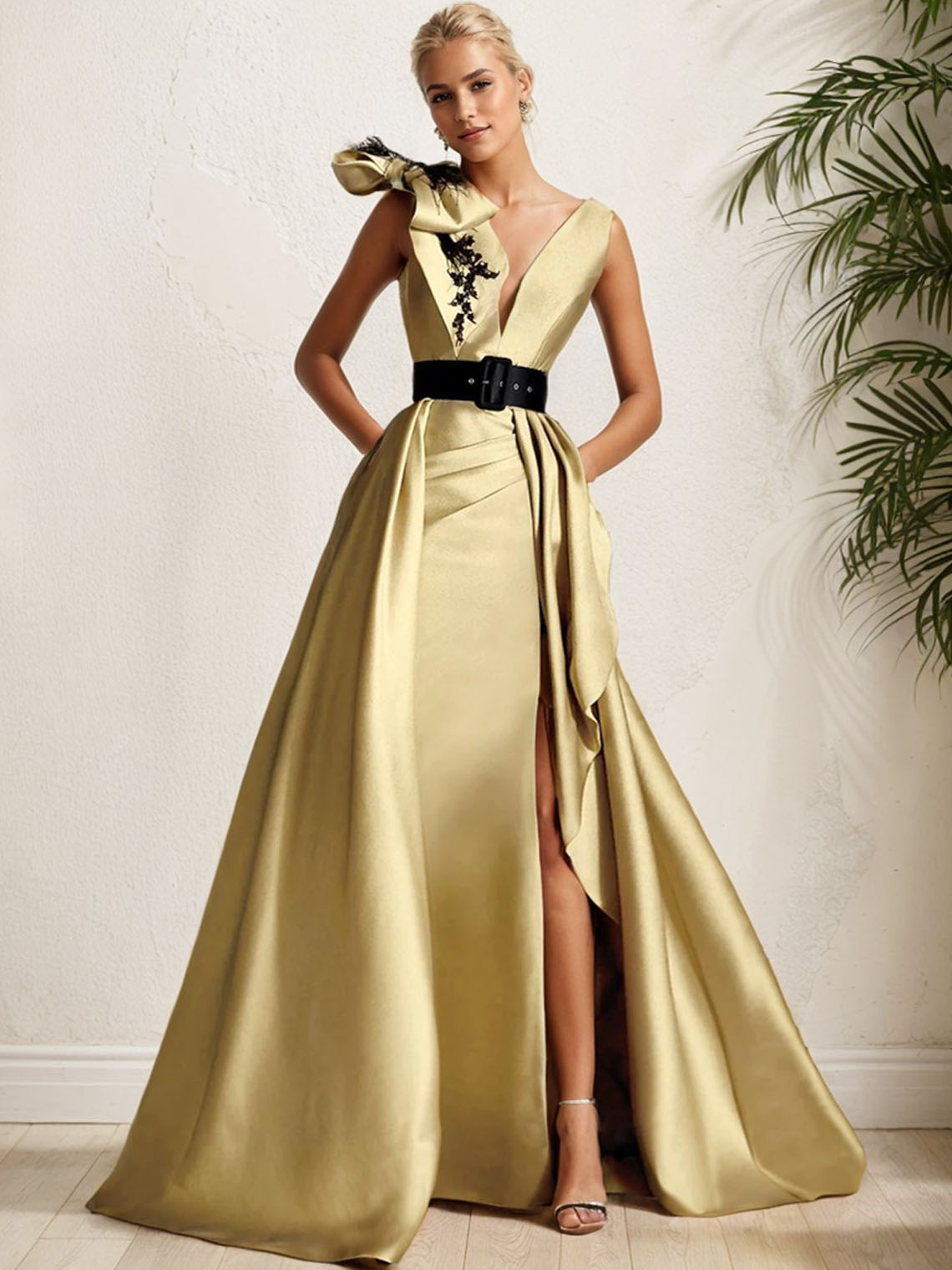 Gold A Line Satin V Neck Floor Length with Bow(s) Appliques Prom Dress