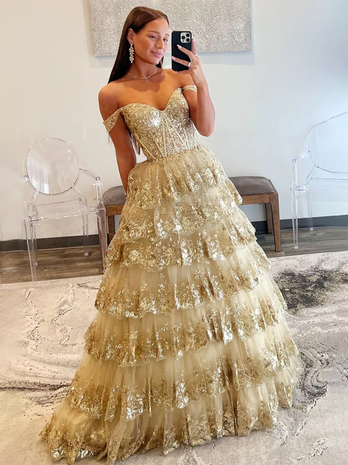 A-line Off the Shoulder Sequined Lace Multi-Tiered Ruffles Prom Dress