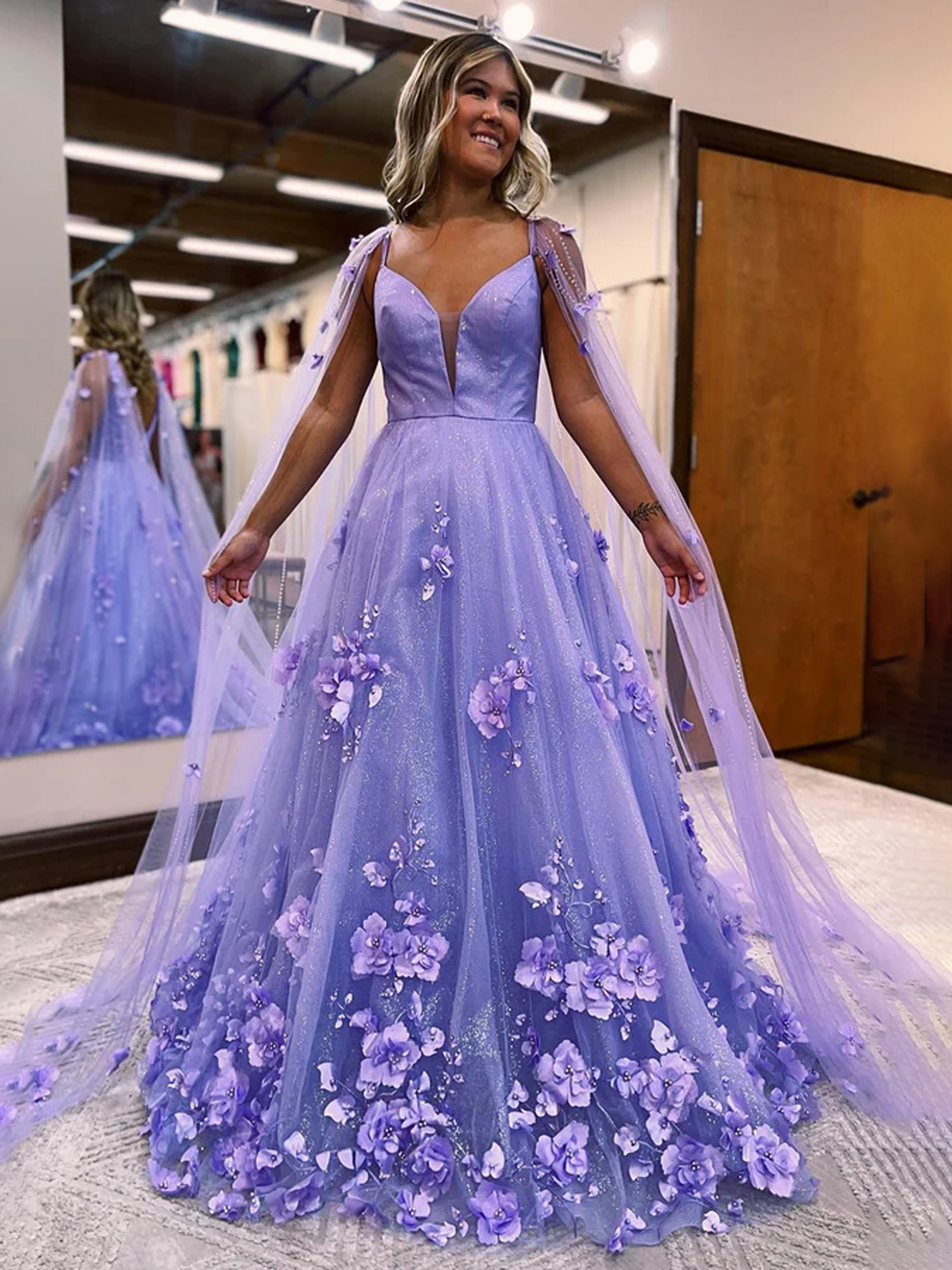 A-Line Tulle and 3D Floral Lace  with Cape Sleeves Prom Dress