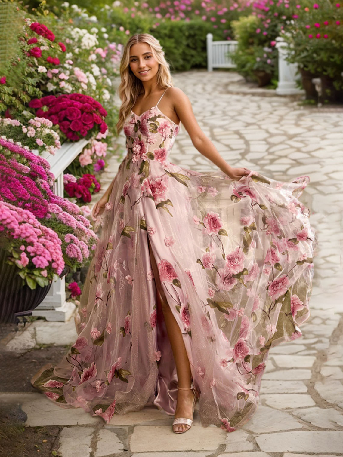 Pearl Pink A Line Strapless Court Train with Slit Floral Prom Dress
