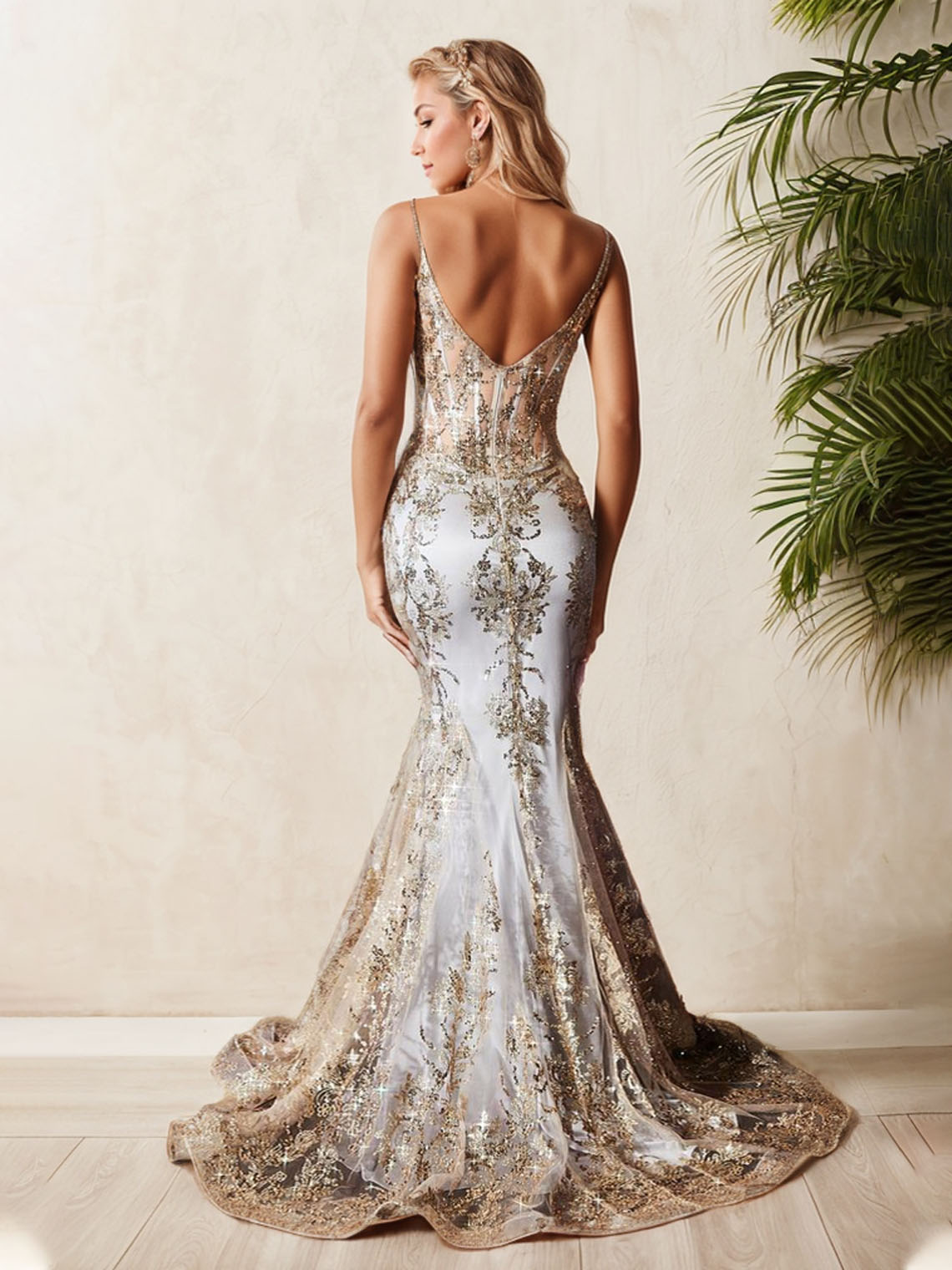 Mermaid V Neck Sleeveless Court Train with Sequin Prom Dress