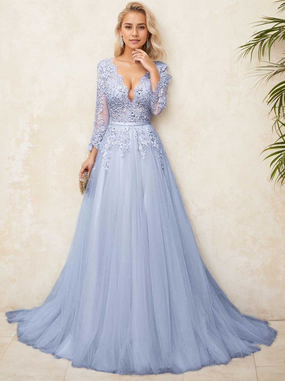 A-Line Tulle Illusion Neck Appliques with Beading Evening Dress