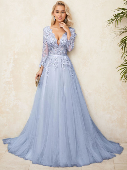 Dress A-Line Tulle Illusion Neck Appliques with Beading Evening Dress