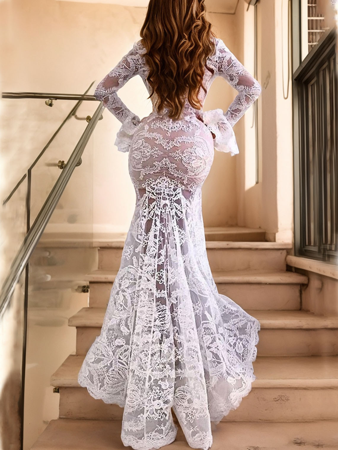 Mermaid V Neck Long Sleeve With Appliques Beach Boho Wedding Dress