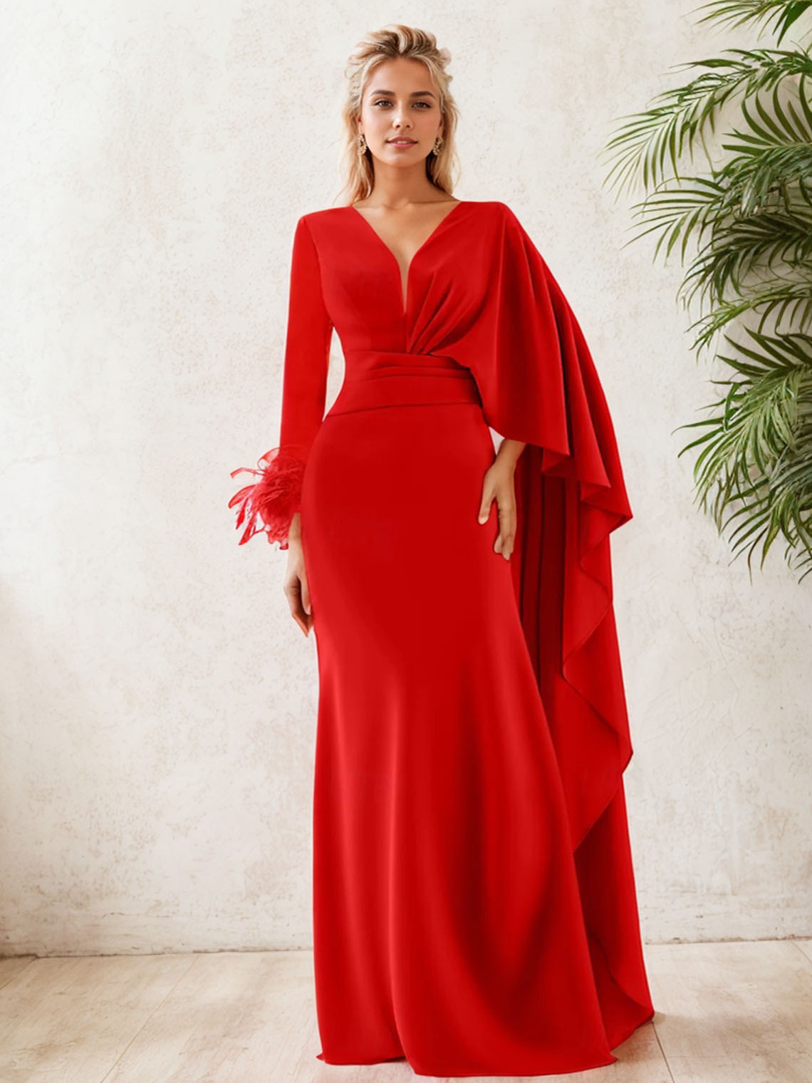 Mermaid Chiffon V Neck Long Sleeve with Feather Ruffles Evening Dress