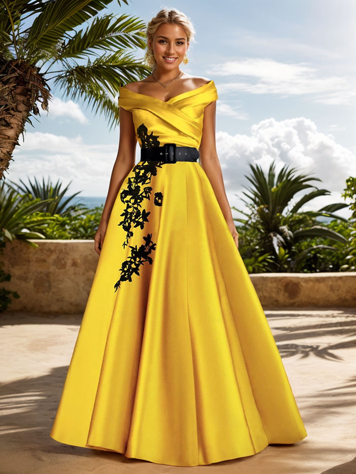 A-Line Satin Off Shoulder Floor Length with Appliques Evening Dress 