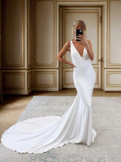 Dresses Mermaid Charmeuse V Neck Sleeveless Cathedral Train  Wedding Dresseseses