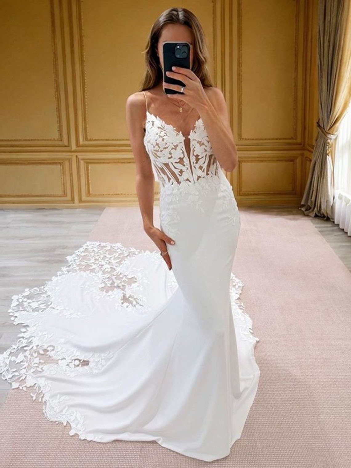 Mermaid Stretch Crepe V Neck Sleeveless With Appliques Wedding Dress