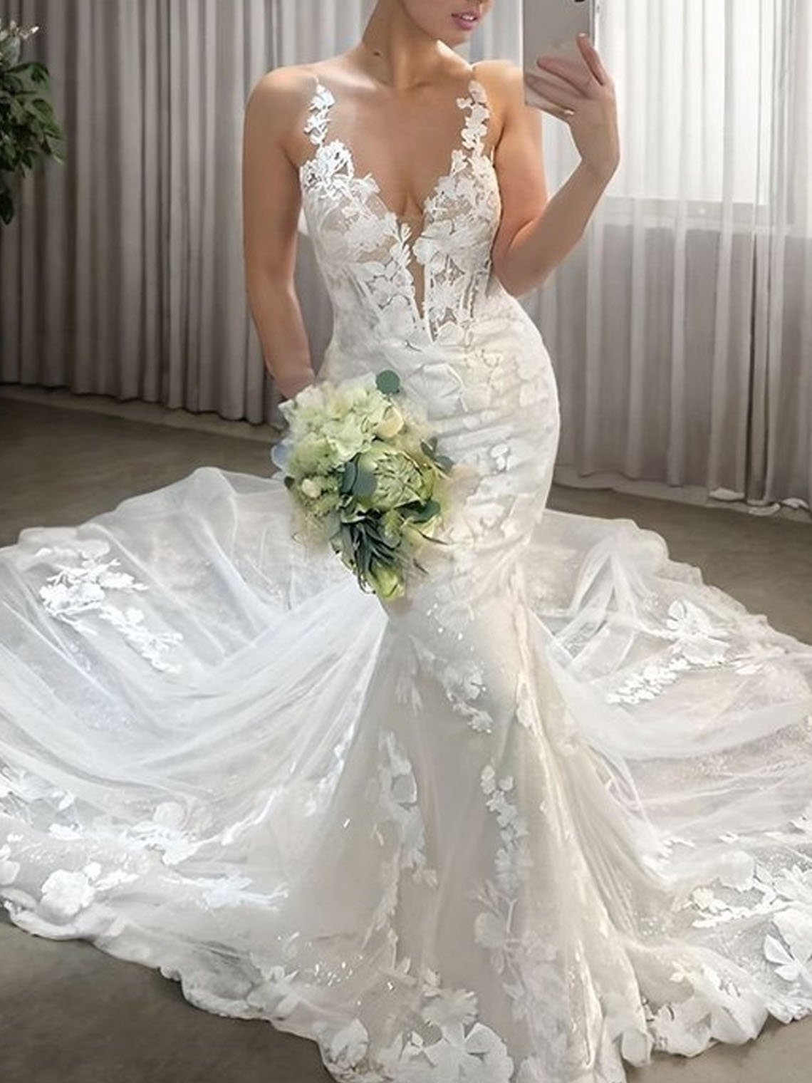 Sheath V Neck Sleeveless Cathedral Train With Appliques Wedding Dress
