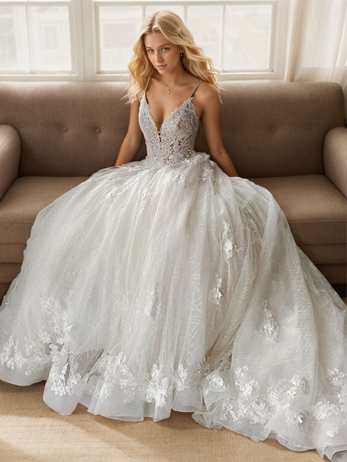 Elegant A line V Neck Tulle Court Train With Appliques Wedding Dress