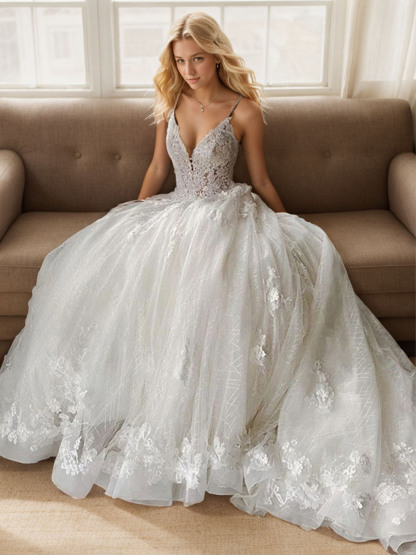 Dresses Elegant A line V Neck Tulle Court Train With Appliques Wedding Dresseseses