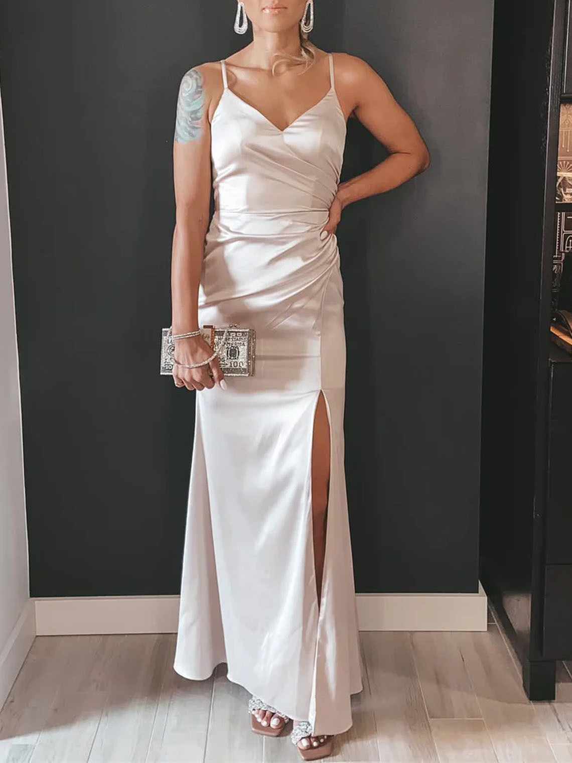 Mermaid Satin Beige Floor Length With Slit Bridesmaid Dress