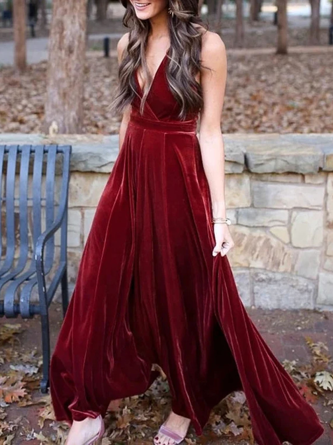 Elegant A Line Velvet  Halter Neck Floor Length Bridesmaid Dresses